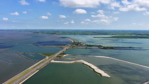 Aerial view of the Fish Migration River at the Afsluitdijk in the Netherlands Stock Footage 339785751