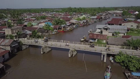 Aerial View Fisherman Village and Riverside in North Sumatra Stock Footage