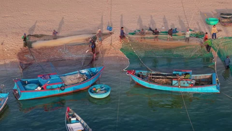 Aerial view of fishermen hauling nets on beach Stock-Footage 318120553