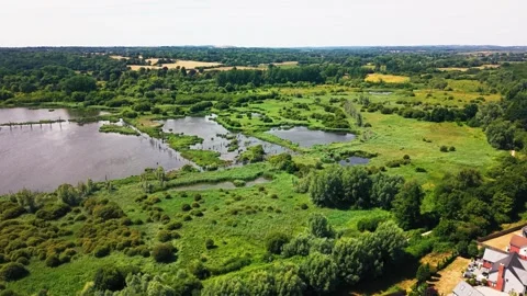 Aerial View of Fishlake Meadows Wetland and Pools, Romsey Stock Footage 342640468