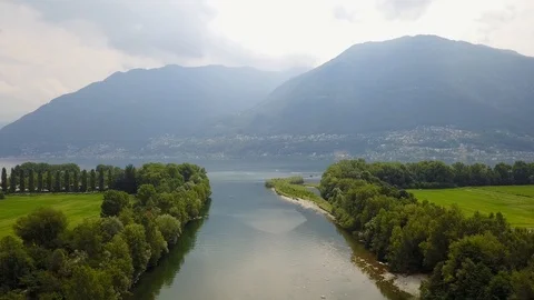 Aerial view of Fiume Maggia, Locarno, Ticino, Switzerland Stock Footage