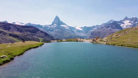 Aerial view of Five Lakes Trail in the Swiss Alps mountains Stock Footage 344308438