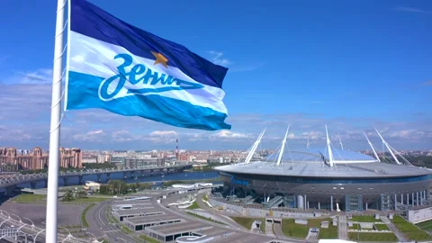 Aerial view of the flag of Zenit - the main football team of St. Petersburg 스톡 동영상 137032444