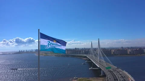 Aerial view of the flag of Zenith - the main football team of St. Petersburg Stock-Footage 137032493