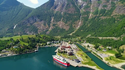 Aerial view of Flam village. Norway. Stock Footage