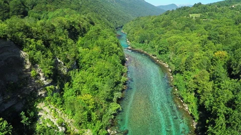 Aerial view, flight above mountain river, Flying over Tara river 스톡 동영상 67466015
