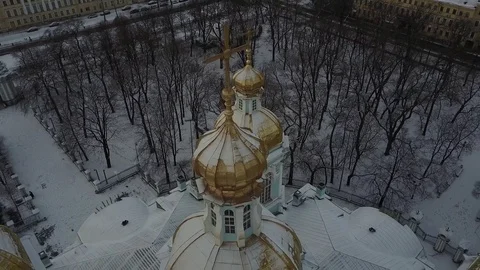 Aerial View: Flight above St. Nicholas Naval Cathedral in snowy day, SPb Stock Footage 71103945