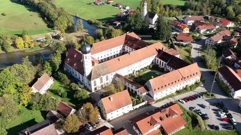 Aerial view, flight auf  Monastery of the Salesians or Beuerberg Monastery, E Stock Footage 183139033