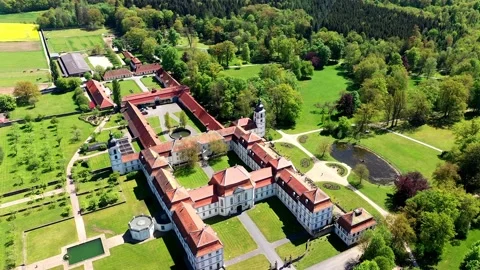 Aerial view flight at baroque palace Fasanerie with palace garden, Eichenzell Stock Footage 183164489