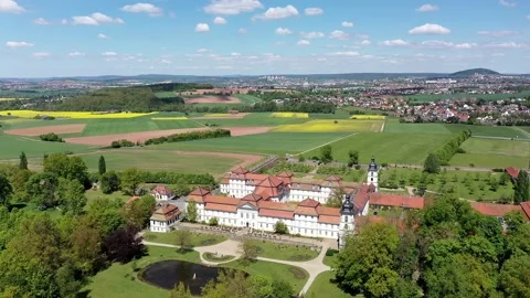 Aerial view flight at baroque palace Fasanerie with palace garden, Eichenzell Stock Footage 183247985
