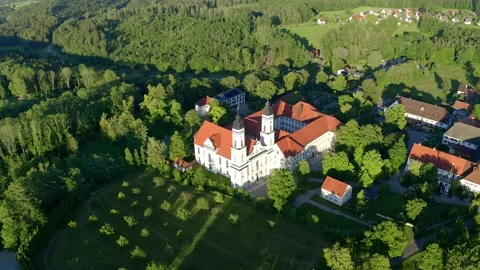 Aerial view flight at Benedictine monastery in Irsee, Diocese of Augsburg, Ba Stock Footage 181540462