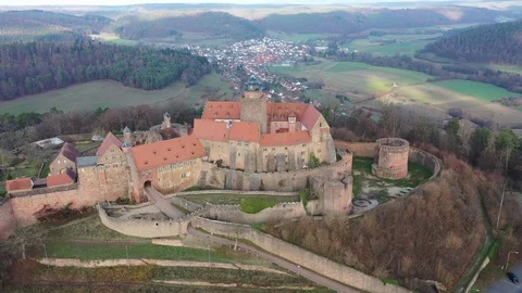 Aerial view, Flight to Breuberg castle, Hesse, Germany Stock Footage 99743853
