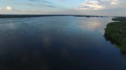 Aerial view, flight forward. Big river during sunset Stock-Footage 63399728