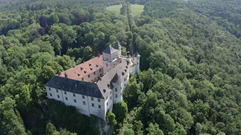 Aerial view, flight at Greifenstein Castle, Franconian Switzerland, Upper Fra Stock Footage 183166706