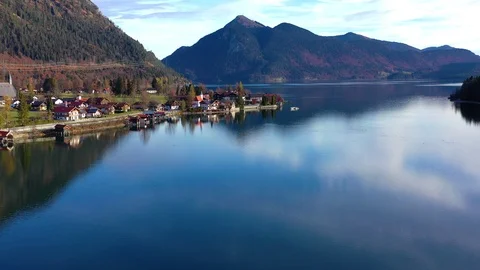Aerial view, Flight to Kochel am See and Zwerges, Walchensee, Upper Bavaria, Stock Footage 100787997