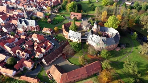 Aerial view, Flight at  old town of Buedingen with the Buedingen castle, Hesse, Stock Footage 189559407