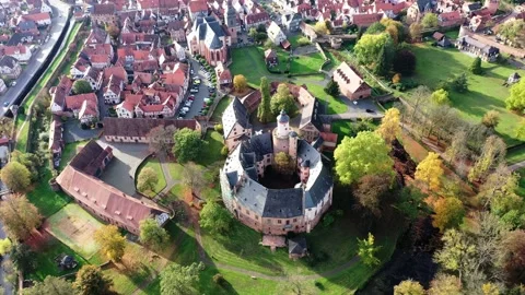 Aerial view, Flight at  old town of Buedingen with the Buedingen castle, Hesse Stock Footage 189559675