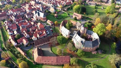 Aerial view, Flight at  old town of Buedingen with the Buedingen castle, Hesse Stock Footage 189559683