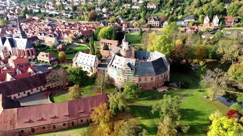 Aerial view, Flight at  old town of Buedingen with the Buedingen castle, Hesse Stock Footage 189559723