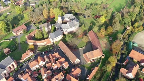Aerial view, Flight at  old town of Buedingen with the Buedingen castle, Hesse Stock Footage 189561775