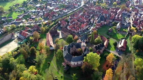 Aerial view, Flight at  old town of Buedingen with the Buedingen castle, Hesse Stock Footage 189562416