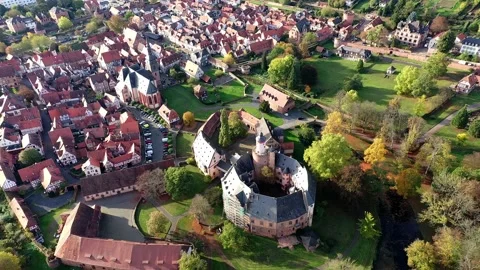 Aerial view, Flight at  old town of Buedingen with the Buedingen castle, Hesse Stock Footage 189562586