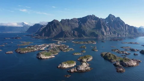 Aerial view. flight over Alantic ocean and view on fishing village Henningsvaer Stock Footage 129187052