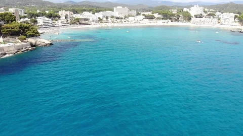 Aerial View, Flight over the bay of Peguera and Cala Fornells Stock Footage 96410587