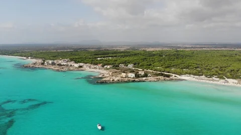 Aerial View, Flight over the Beach Es Trenc Stock Footage 95838287