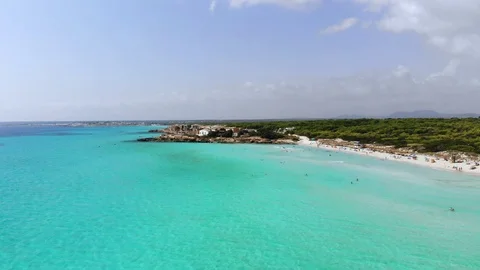 Aerial View, Flight over the Beach Es Trenc Stock Footage 95838399