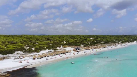 Aerial View, Flight over the Beach Es Trenc Stock Footage 95838535