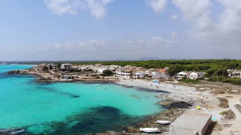 Aerial View, Flight over the Beach Es Trenc Stock Footage 95838676