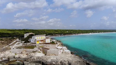 Aerial View, Flight over the Beach Es Trenc Stock Footage 95838749