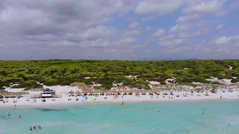 Aerial View, Flight over the Beach Es Trenc Stock Footage 95839645