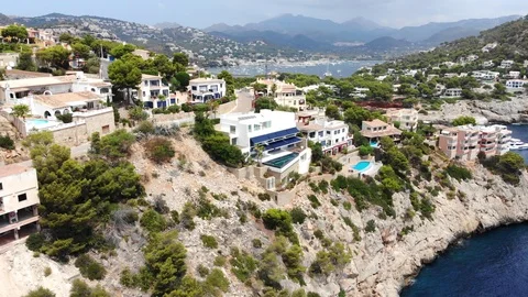 Aerial View, Flight over Cala LLamp, Costa DAndratx, Area Andratx, Stock Footage 96772384
