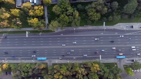 Aerial view flight over the central avenue in Moscow at sunset. Car traffic Stock Footage 137985429