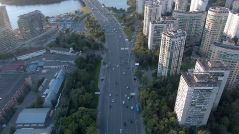 Aerial view flight over the central avenue in Moscow at sunset. Car traffic Stock Footage 137985711