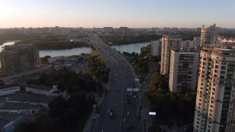 Aerial view flight over the central avenue in Moscow at sunset. Video stock 137986062