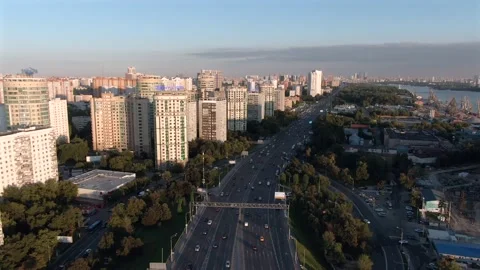 Aerial view flight over the central avenue in Moscow at sunset. Stock Footage 137986306