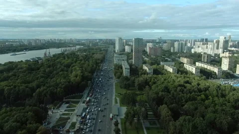 Aerial view flight over the central avenue in Moscow at sunset. Video stock 138460936