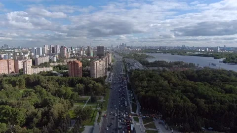 Aerial view flight over the central avenue in Moscow at sunset. Stock Footage 138460950