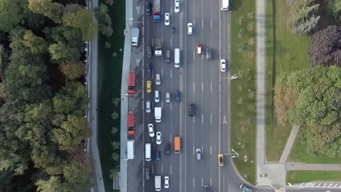 Aerial view flight over the central avenue in Moscow at sunset. Video stock 138460954