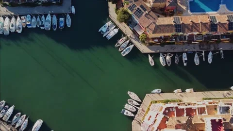 Aerial view flight over city Alboraya Port Saplaya water yachts 25 januari 2023 Stock Footage 232995608