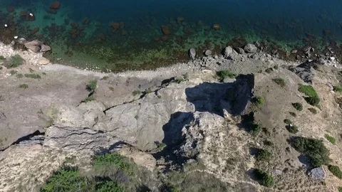 Aerial View: Flight over the Coast. Fiolent cape, near Balaklava, Crimea. Cape Stock Footage 77827090