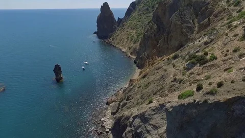Aerial View: Flight over the Coast. Fiolent cape, near Balaklava, Crimea. Cape Stock Footage 77827336
