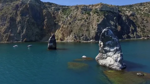 Aerial View: Flight over the Coast. Fiolent cape, near Balaklava, Crimea. Cape Stock Footage 77827853