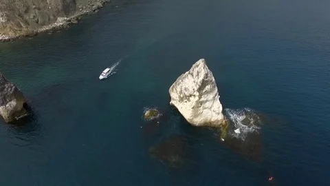 Aerial View: Flight over the Coast. Fiolent cape, near Balaklava, Crimea. Cape Stock Footage 77828079