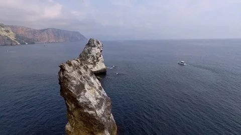 Aerial View: Flight over the Coast. Fiolent cape, near Balaklava, Crimea. Cape Stock Footage 77828226
