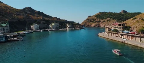 Aerial View: Flight over the Coast. Balaklava bay Video stock 105828404