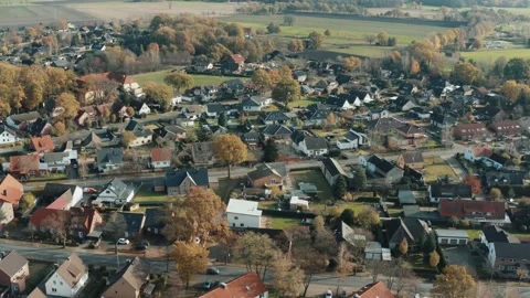 Aerial view of the flight over a densely built-up German suburb above the roo Stock Footage 143238888